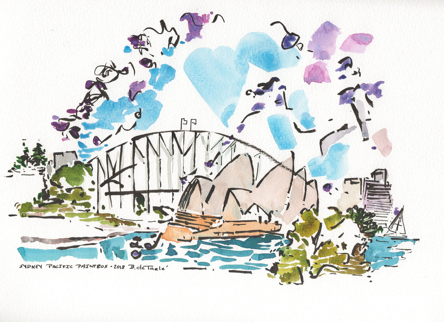 Whimsical Jacaranda blossoms with Sydney Opera House and Bridge